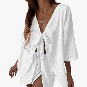 White Tie-Front Kimono Top and Shorts Set